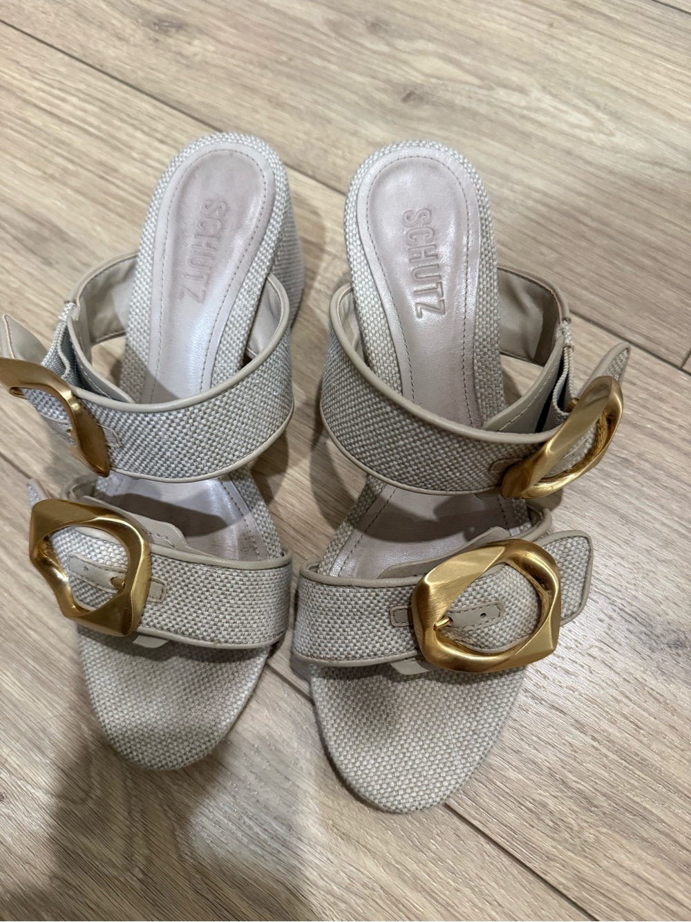SCHUTZ Beige Woven Buckle Mules with Gold Accents